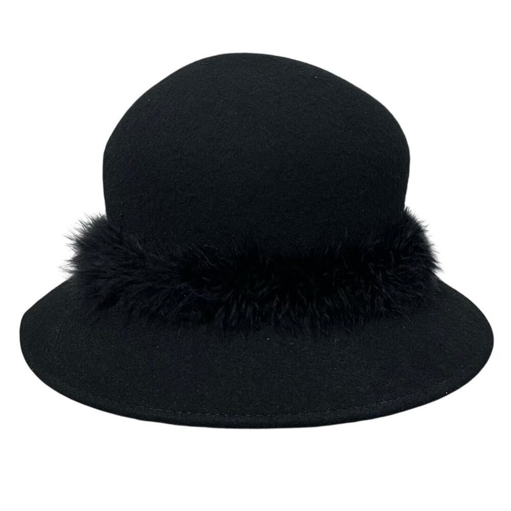Vintage Arlin Wool Felt Hat WPL 7008 Black Cloche Derby Faux Fur Trim Women's